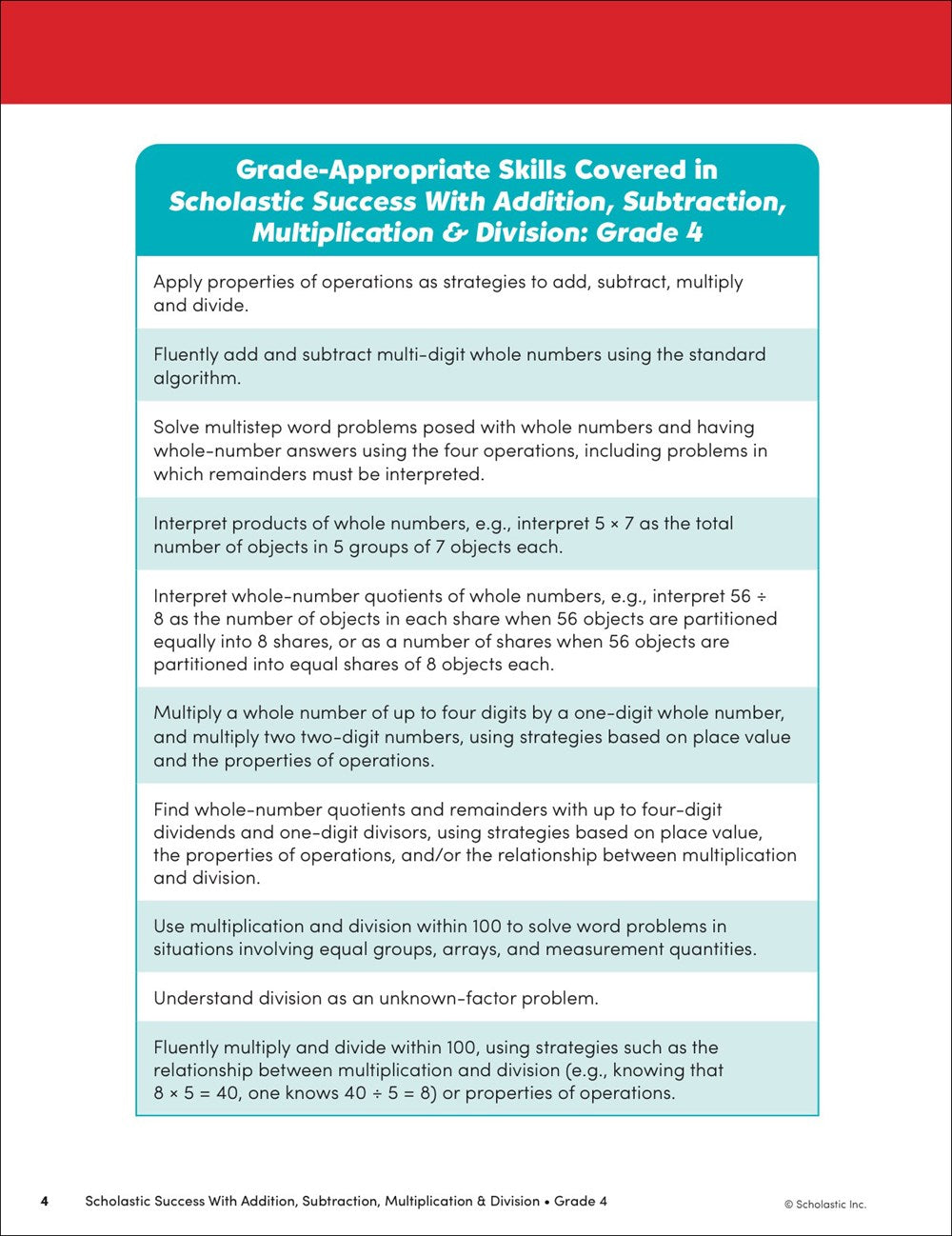 Scholastic Success with Addition, Subtraction, Multiplication & Division Grade 4 Workbook