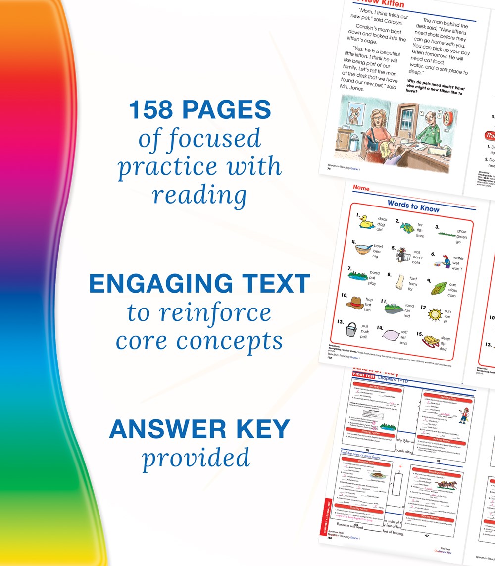 Spectrum 1st Grade Reading Comprehension Workbook, Ages 6 to 7, Reading Grade 1, Letters and Sounds, Sight Words Recognition, and Nonfiction and Fiction Passages - 158 Pages
